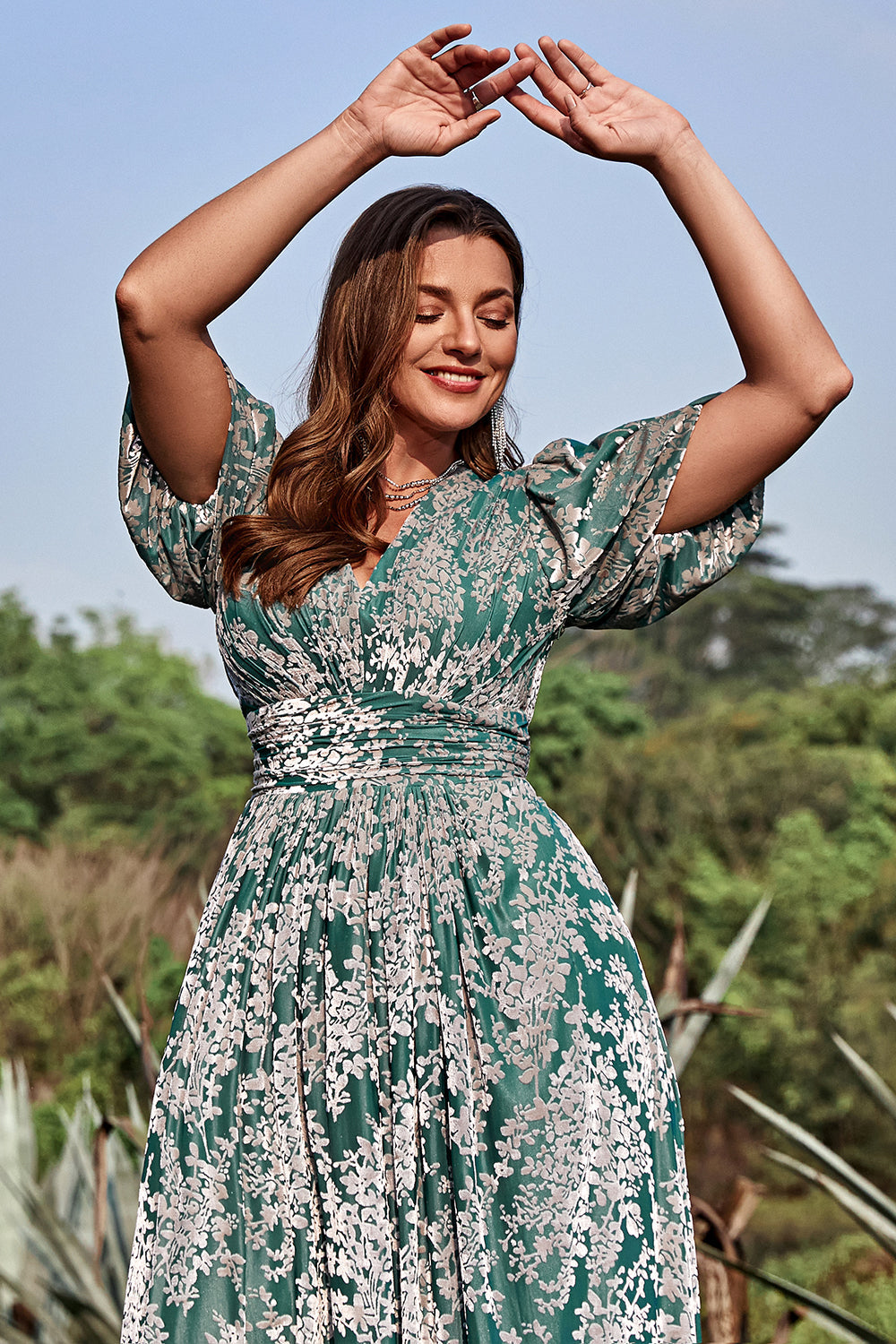 A Line V Neck Green Floral Printed Plus Size Ball Dress with Short Sleeves