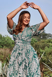 A Line V Neck Green Floral Printed Plus Size Ball Dress with Short Sleeves