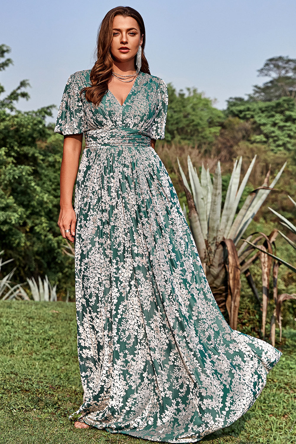 A Line V Neck Green Floral Printed Plus Size Ball Dress with Short Sleeves
