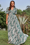A Line V Neck Green Floral Printed Plus Size Ball Dress with Short Sleeves