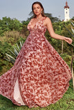A Line Deep V Neck Rust Printed Plus Size Ball Dress with Split Front