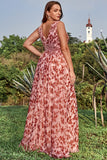 A Line Deep V Neck Rust Printed Plus Size Ball Dress with Split Front