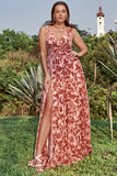 A Line Deep V Neck Rust Printed Plus Size Ball Dress with Split Front
