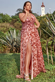 A Line Deep V Neck Rust Printed Plus Size Ball Dress with Split Front