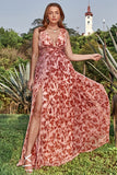 A Line Deep V Neck Rust Printed Plus Size Ball Dress with Split Front