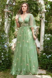 A-Line V-Neck Embroidery Green Long Ball Dress with Short Sleeves