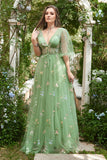 A-Line V-Neck Embroidery Green Long Ball Dress with Short Sleeves