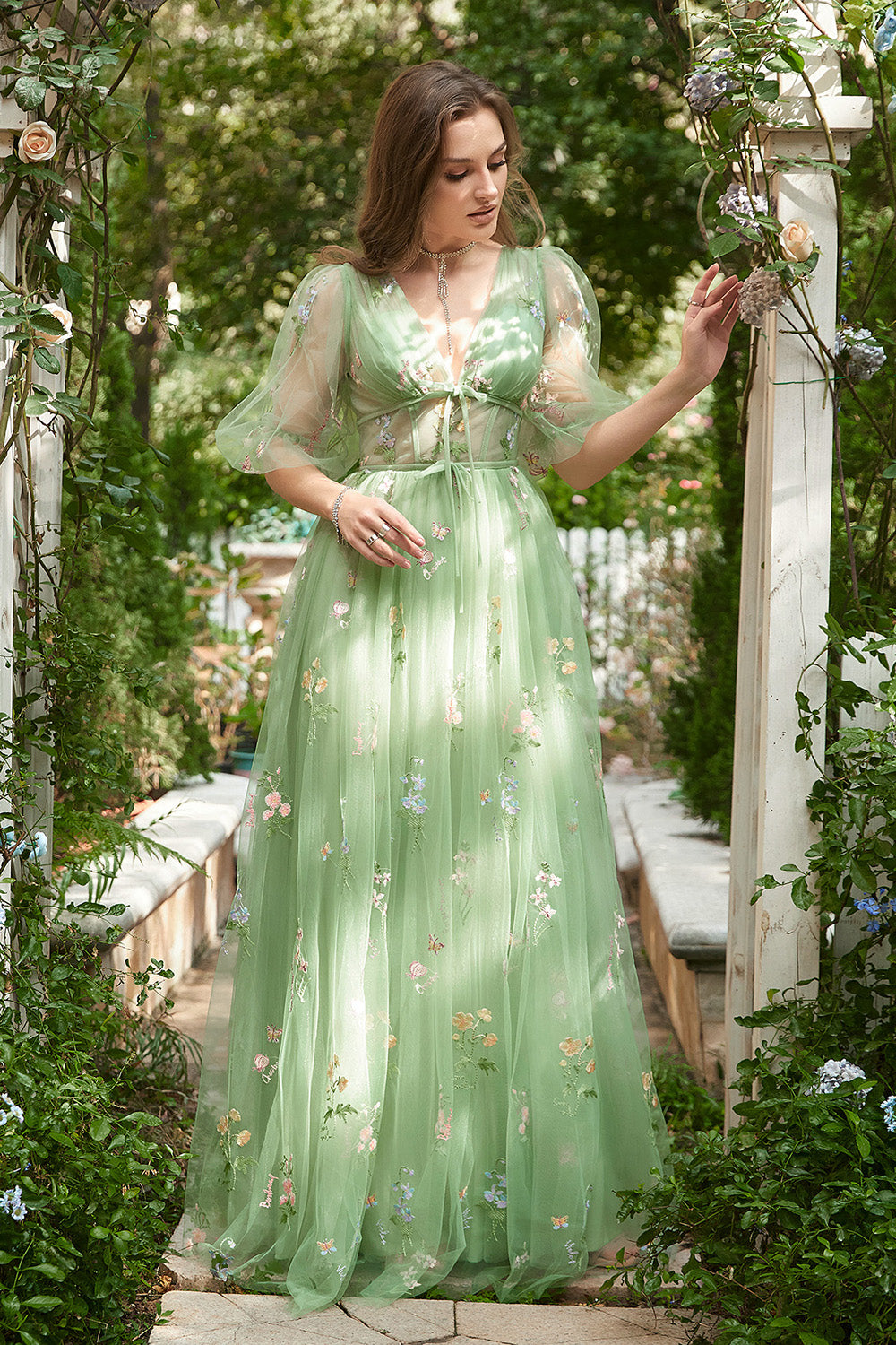 A-Line V-Neck Embroidery Green Long Ball Dress with Short Sleeves