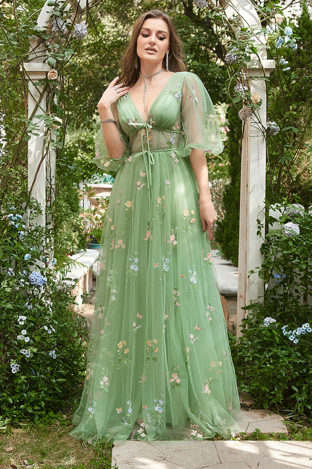 A-Line V-Neck Embroidery Green Long Ball Dress with Short Sleeves