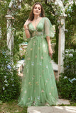 A-Line V-Neck Embroidery Green Long Ball Dress with Short Sleeves
