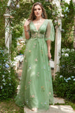 A-Line V-Neck Embroidery Green Long Ball Dress with Short Sleeves