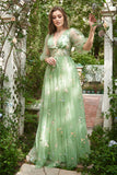 A-Line V-Neck Embroidery Green Long Ball Dress with Short Sleeves