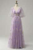 A-Line V-Neck Embroidery Lavender Long Ball Dress with Short Sleeves