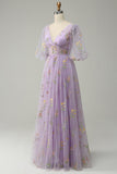 A-Line V-Neck Embroidery Lavender Long Ball Dress with Short Sleeves