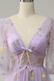 A-Line V-Neck Embroidery Lavender Long Ball Dress with Short Sleeves