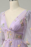 A-Line V-Neck Embroidery Lavender Long Ball Dress with Short Sleeves