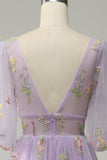 A-Line V-Neck Embroidery Lavender Long Ball Dress with Short Sleeves