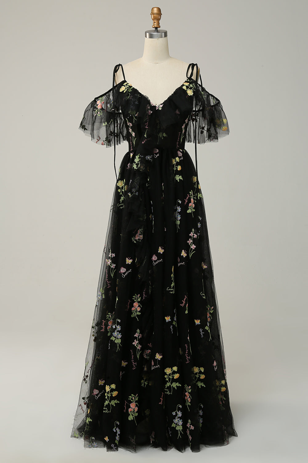 Black A-Line Cold Shoulder Embroidery Long Ball Dress with Slit