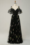 Black A-Line Cold Shoulder Embroidery Long Ball Dress with Slit