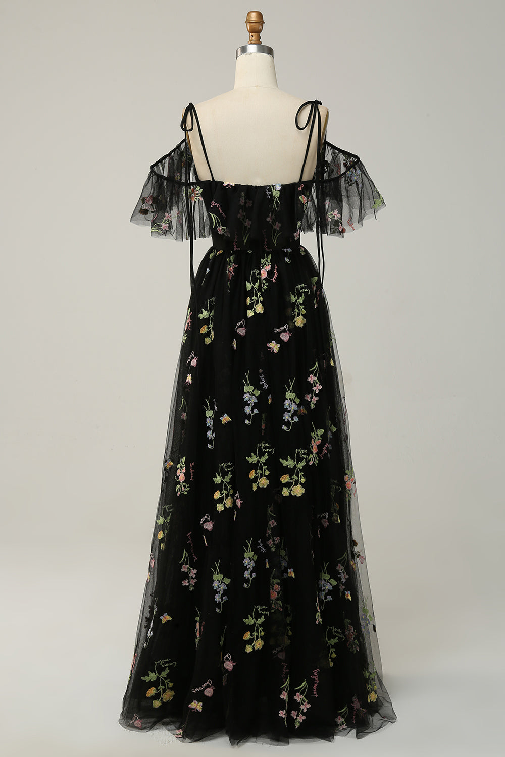 Black A-Line Cold Shoulder Embroidery Long Ball Dress with Slit