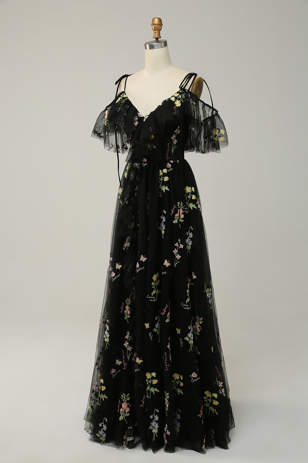 Black A-Line Cold Shoulder Embroidery Long Ball Dress with Slit