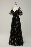 Green A-Line Cold Shoulder Embroidery Long Ball Dress with Slit