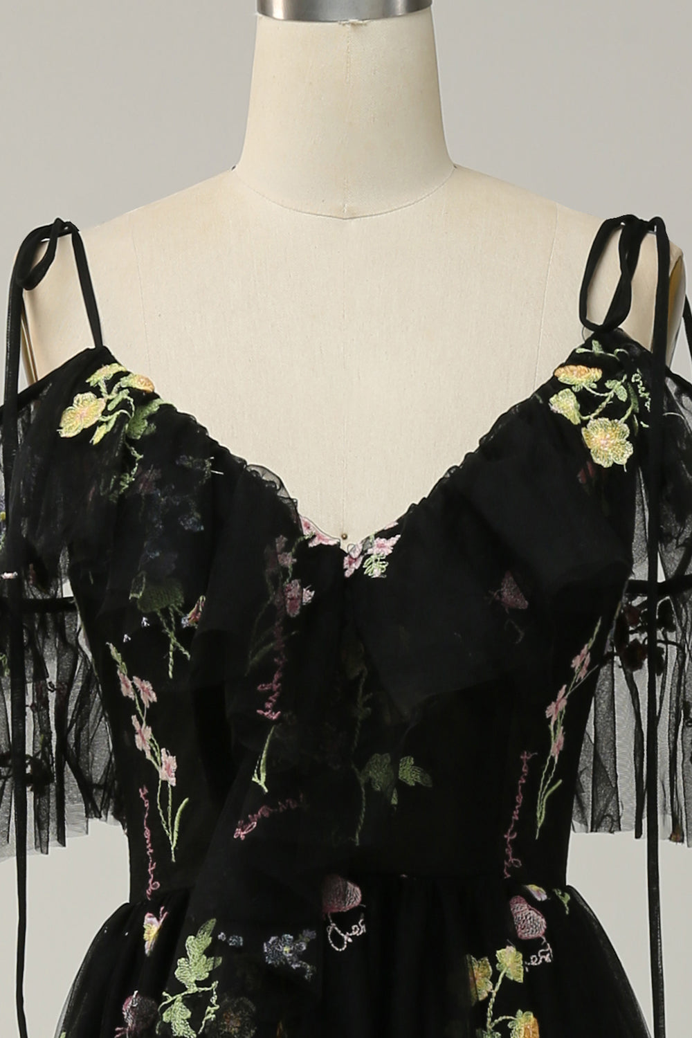 Black A-Line Cold Shoulder Embroidery Long Ball Dress with Slit