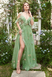 Green A-Line V-Neck Cold Shoulder Embroidery Long Ball Dress with Slit