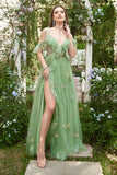 Green A-Line Cold Shoulder Embroidery Long Ball Dress with Slit