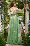 Green A-Line Cold Shoulder Embroidery Long Ball Dress with Slit
