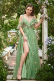 Green A-Line Cold Shoulder Embroidery Long Ball Dress with Slit