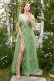 Green A-Line Cold Shoulder Embroidery Long Ball Dress with Slit