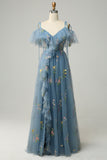 Green A-Line V-Neck Cold Shoulder Embroidery Long Ball Dress with Slit