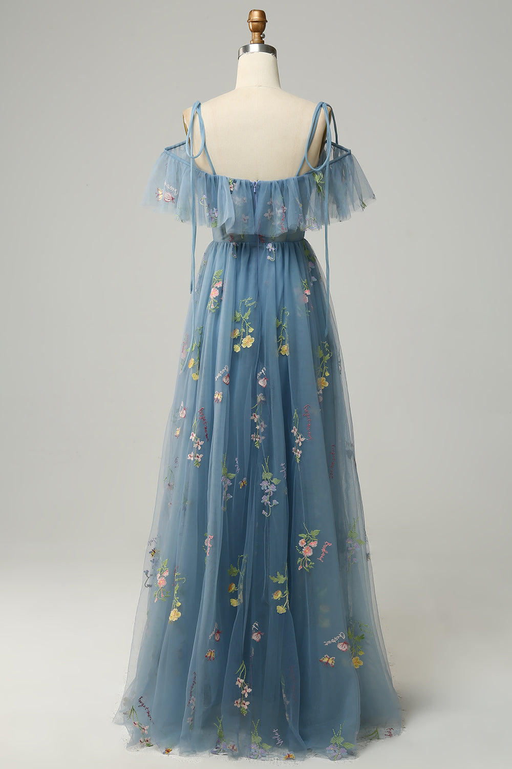 Green A-Line Cold Shoulder Embroidery Long Ball Dress with Slit