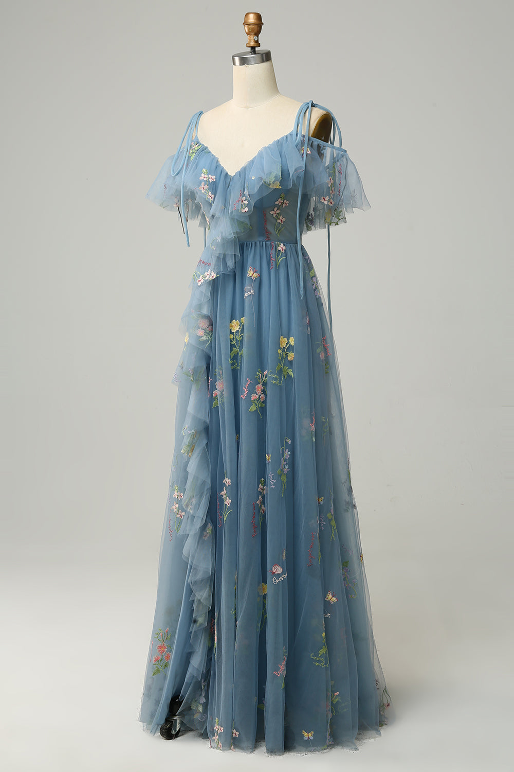 Green A-Line Cold Shoulder Embroidery Long Ball Dress with Slit