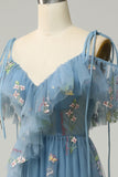 Green A-Line V-Neck Cold Shoulder Embroidery Long Ball Dress with Slit