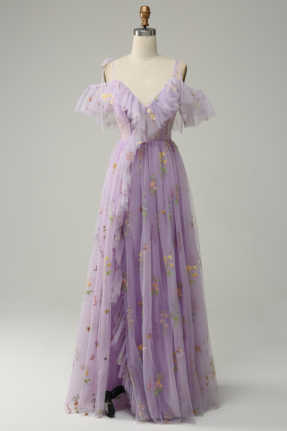 Cold Shoulder Embroidery Lavender A-Line Ball Dress with Slit