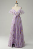 Cold Shoulder Embroidery Lavender A-Line Ball Dress with Slit