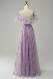 Cold Shoulder Embroidery Lavender A-Line Ball Dress with Slit