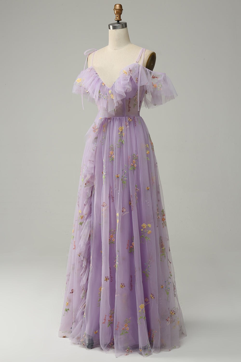Cold Shoulder Embroidery Lavender A-Line Ball Dress with Slit