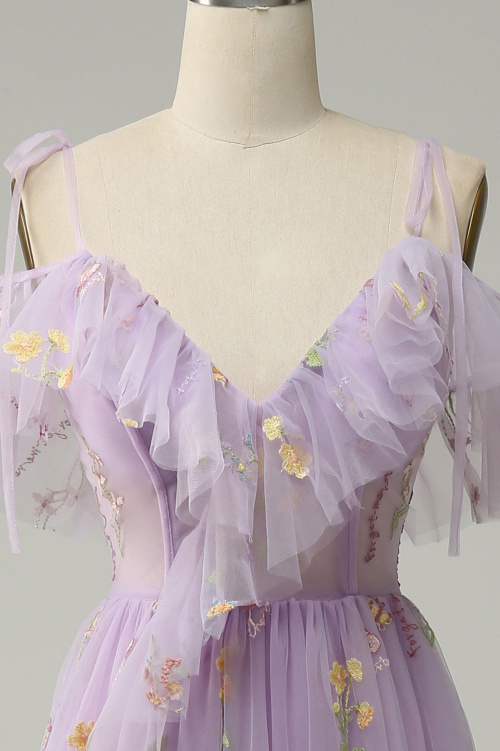 Cold Shoulder Embroidery Lavender A-Line Ball Dress with Slit