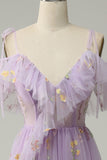 Cold Shoulder Embroidery Lavender A-Line Ball Dress with Slit