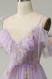 Cold Shoulder Embroidery Lavender A-Line Ball Dress with Slit