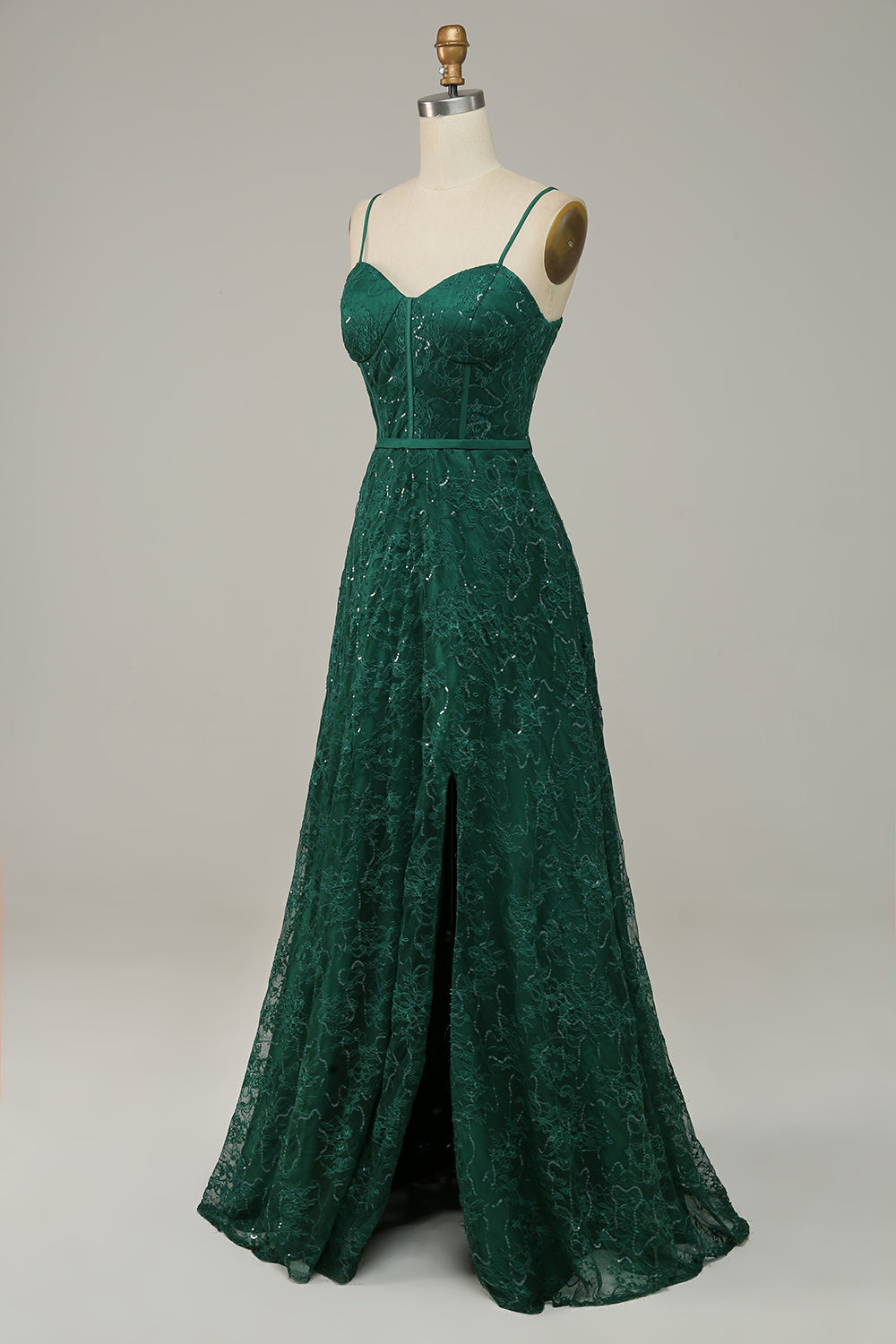 Dark Green A Line Lace Spaghetti Straps Corset Ball Dress