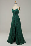 Dark Green A Line Lace Spaghetti Straps Corset Ball Dress