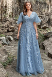 A Line V Neck Grey Blue Plus Size Ball Dress with Appliques