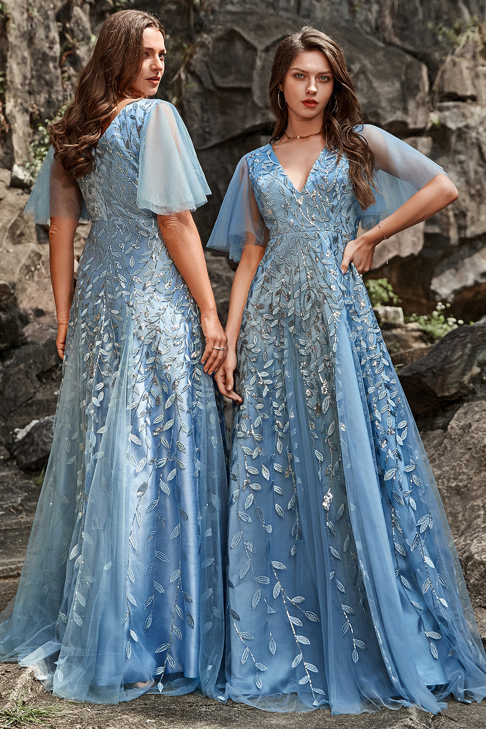 A Line V Neck Grey Blue Plus Size Ball Dress with Appliques