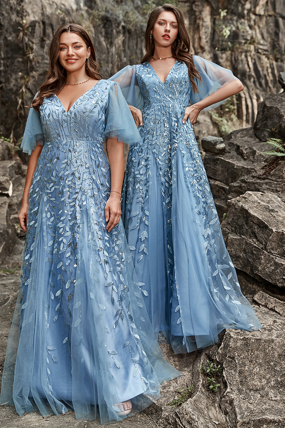 A Line V Neck Grey Blue Plus Size Ball Dress with Appliques