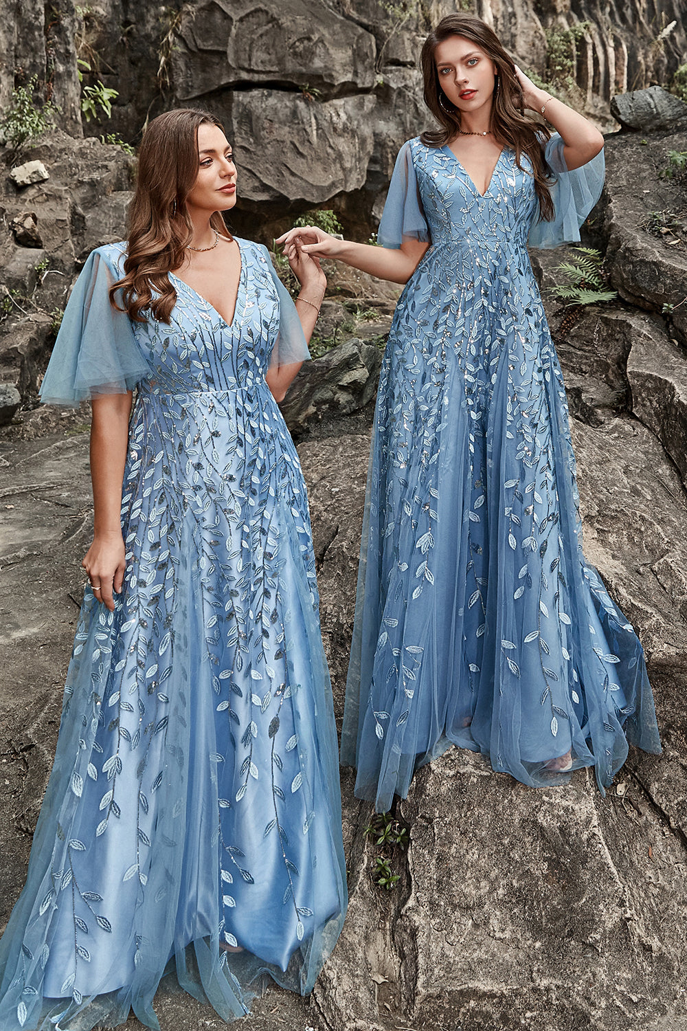 A Line V Neck Grey Blue Plus Size Ball Dress with Appliques