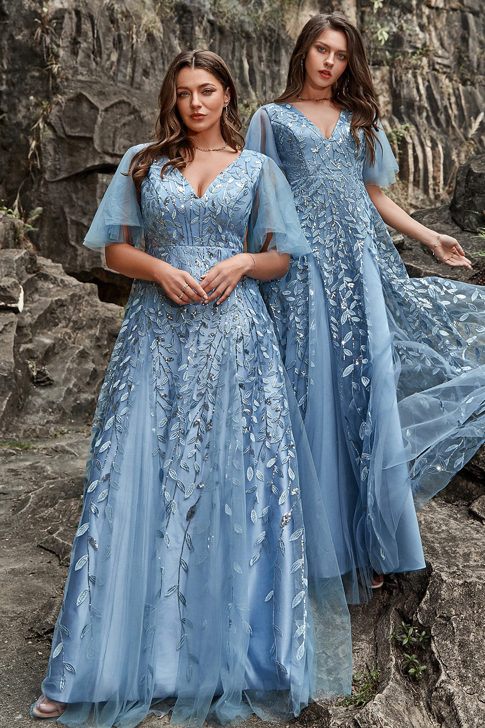 A Line V Neck Grey Blue Plus Size Ball Dress with Appliques